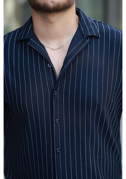 Apaş Yaka Krep Kumaş Çizgili Yarım Oversize Erkek Gömlek - Lacivert fiyatları