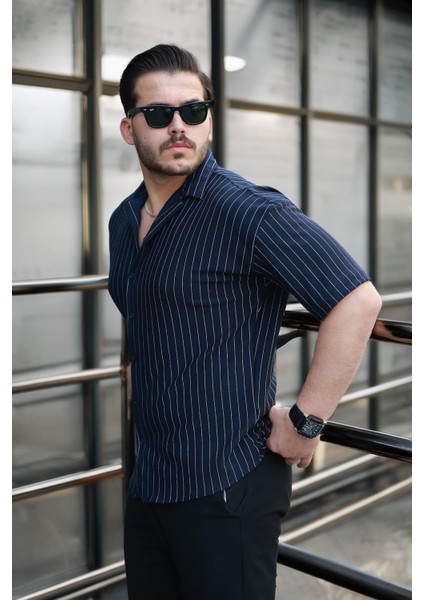 Apaş Yaka Krep Kumaş Çizgili Yarım Oversize Erkek Gömlek - Lacivert modelleri