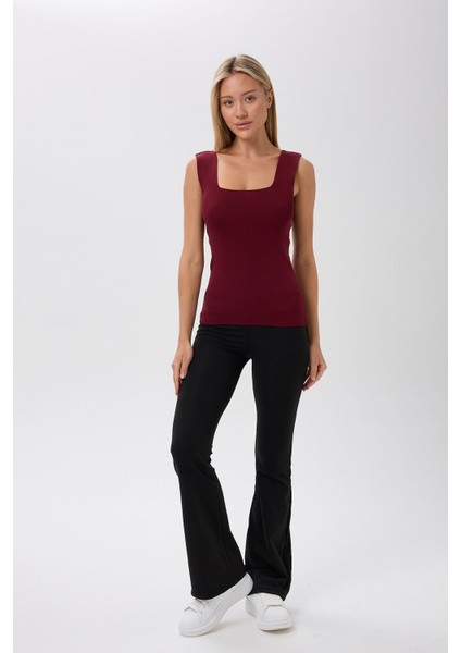 Kadın Kare Yaka Kalın Askılı Basic Fit Bluz Crop Top