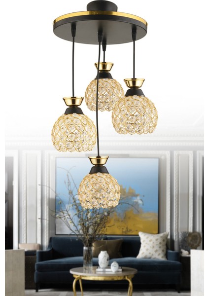 Yağmur 4 Lü Sarkıt Siyah Gold Yaldızlıkristal Top Modern Avize