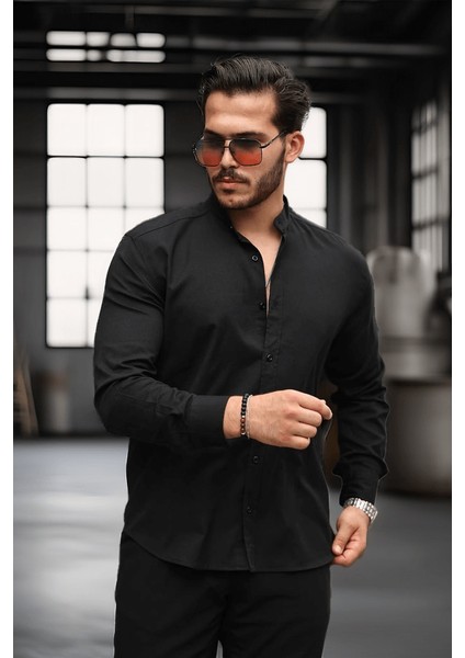Hakim Yaka Oxford Kumaş Uzun Kol Gömlek - Siyah
