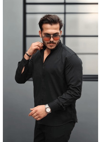 Hakim Yaka Oxford Kumaş Uzun Kol Gömlek - Siyah modelleri