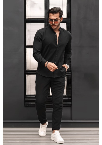 Hakim Yaka Oxford Kumaş Uzun Kol Gömlek - Siyah fırsatları