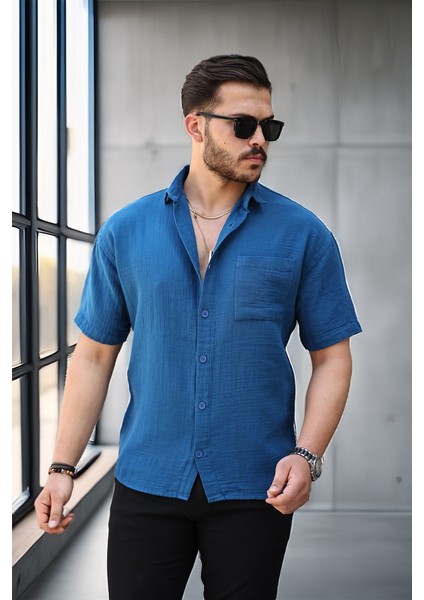 Oversize Müslin Kumaş Tek Cepli Gömlek- Indigo