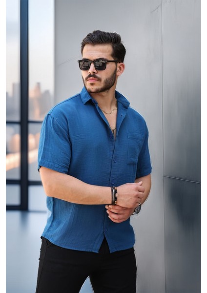 Oversize Müslin Kumaş Tek Cepli Gömlek- Indigo