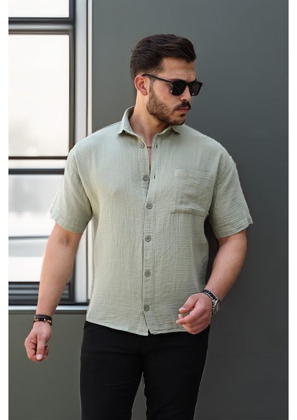 Oversize Müslin Kumaş Tek Cepli Gömlek- Açık Haki