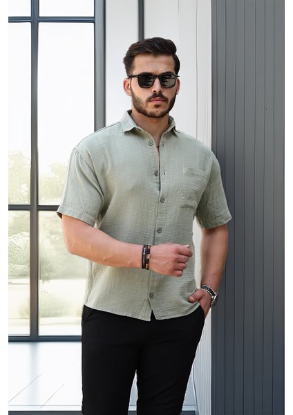 Oversize Müslin Kumaş Tek Cepli Gömlek- Açık Haki