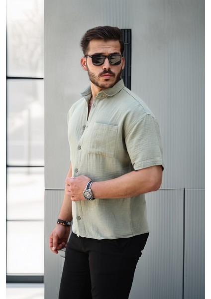 Oversize Müslin Kumaş Tek Cepli Gömlek- Açık Haki