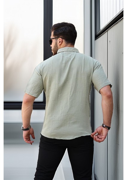 Oversize Müslin Kumaş Tek Cepli Gömlek- Açık Haki