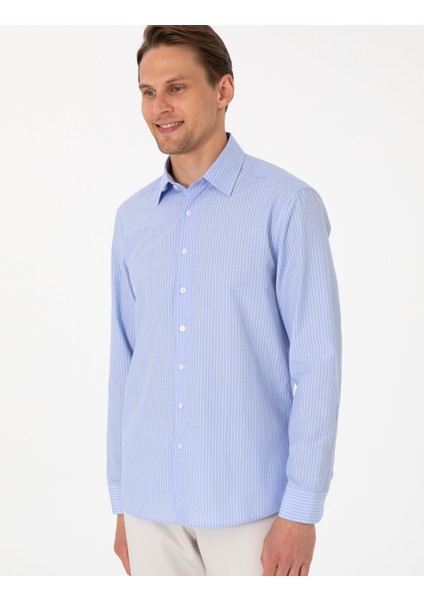 Erkek Açık Mavi Slim Fit Çizgili Uzun Kollu Gömlek 50310777-VR003 modelleri