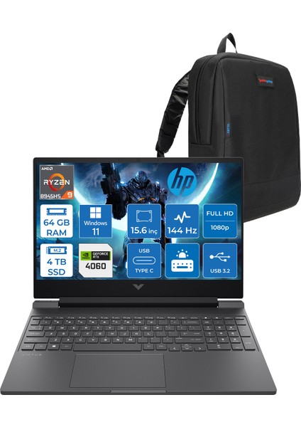 Victus W15FB3006NT Ryzen 9 8945HS Aı 64GB Ddr5 4tb SSD 8GB/RTX4060 300NITS 15.6" Fhd IPS 144Hz WIN11WIN11PRO Gaming Taşınabilir Bilgisayar WB82WCEAW20+ZETTAÇANTA