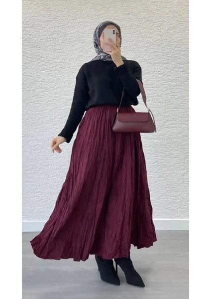 Bordo Crush Kırışık Uzun Etek