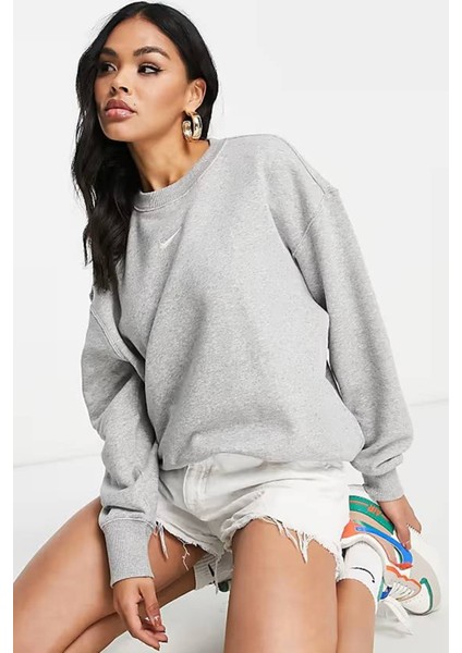 Sportswear Essential Collection Fleece Oversized Crew Kadın Sweatshirt Gri Melanj