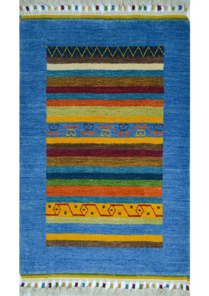 El Dokuma Mavi Renk Yün Tribal Halı 60X90 cm (0.54 M )