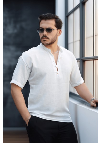 Oversize Yarım Pat Bambu Kısa Kol Gömlek - Beyaz