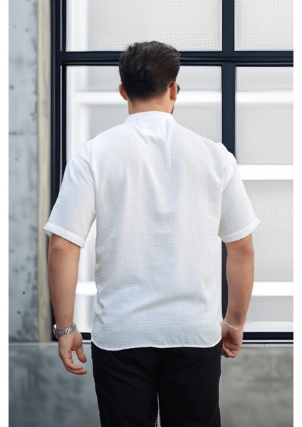 Oversize Yarım Pat Bambu Kısa Kol Gömlek - Beyaz