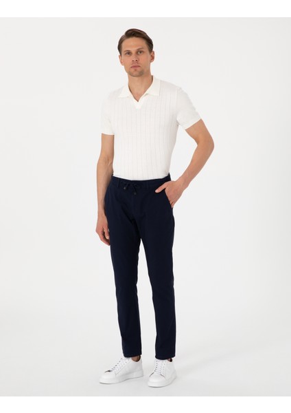 Erkek Lacivert Slim Fit Keten Görünümlü Kanvas Pantolon 50308086-VR033