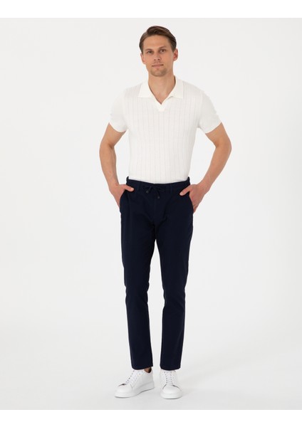 Erkek Lacivert Slim Fit Keten Görünümlü Kanvas Pantolon 50308086-VR033