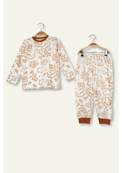 Unisex Çocuk Desenli Pijama Takımı - Hardal fiyatları