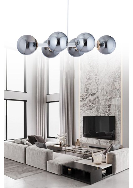 Luxury Modern Tasarım Beyaz 6'li Füme Glop Camlı Avize