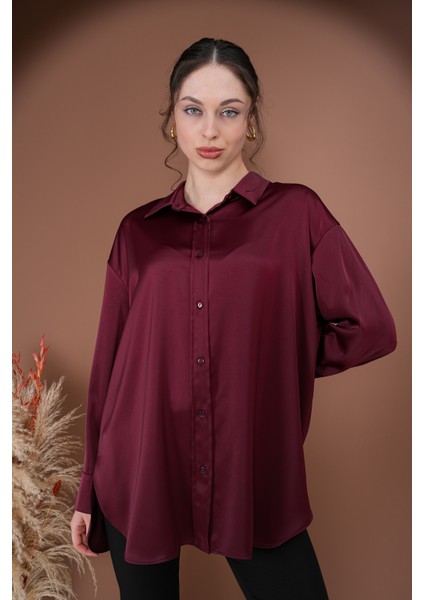 Oversize Kadın Saten Gömlek