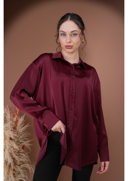 Oversize Kadın Saten Gömlek