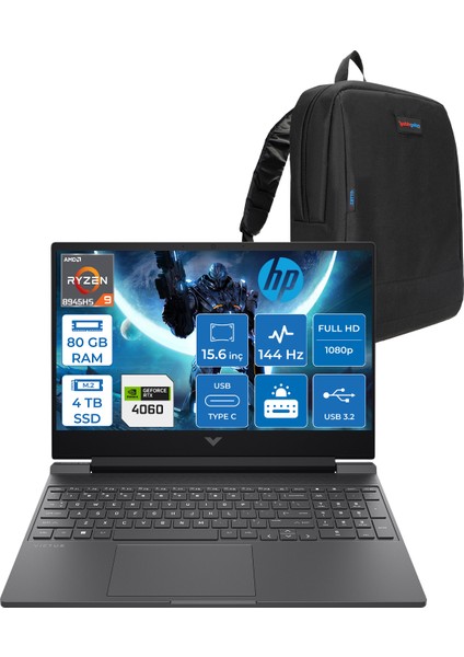 Victus W15FB3006NT Ryzen 9 8945HS Aı 80GB Ddr5 4tb SSD 8GB/RTX4060 300NITS 15.6" Fhd IPS 144Hz Freedos Gaming Taşınabilir Bilgisayar WB82WCEAF25+ZETTAÇANTA