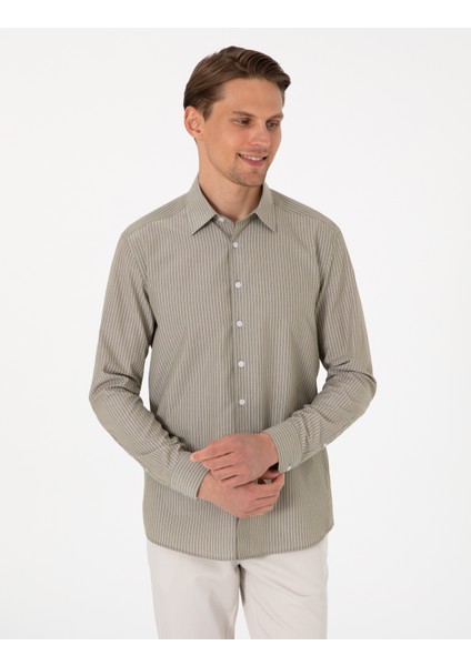 Erkek Haki Slim Fit Çizgili Uzun Kollu Gömlek 50310777-VR054