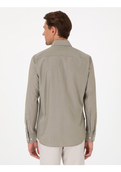 Erkek Haki Slim Fit Çizgili Uzun Kollu Gömlek 50310777-VR054