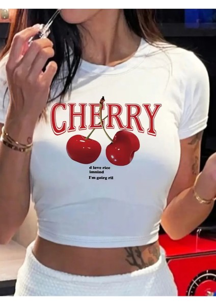 Cherry Kiraz Desenli Sporcu Kadın Kolsuz Crop Bluz- Trendy & Şık