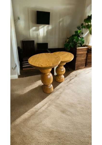 Wood Ahşap 2'li Set Vazo Model Mantar Yan Sehpa Modern Fiskos / Tütün Renk / Zigon Sehpa Vernikli