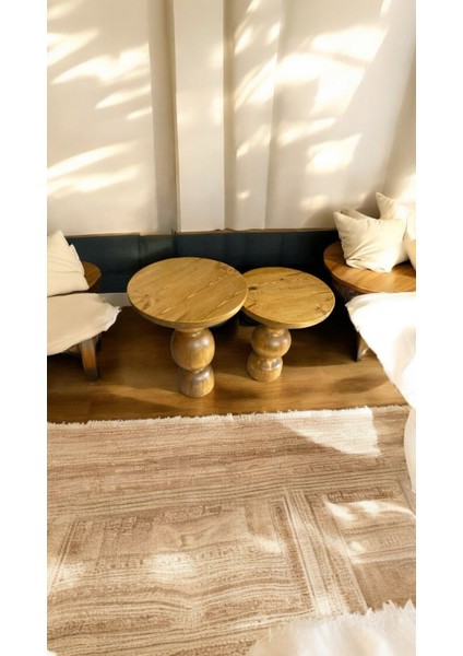Wood Ahşap 2'li Set Vazo Model Mantar Yan Sehpa Modern Fiskos / Tütün Renk / Zigon Sehpa Vernikli