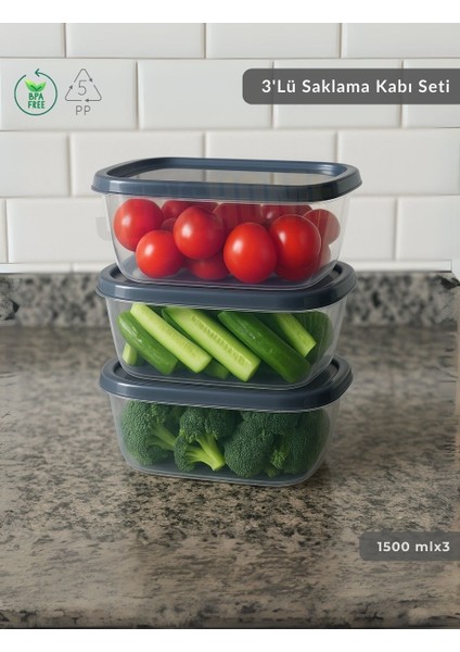 3'lü Saklama Kabı Seti Kare Erzak Kabı Bpa Free Derin Dondurucu Için Uygun 1500 ml