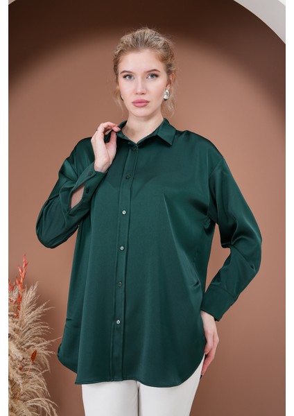 Oversize Kadın Saten Gömlek