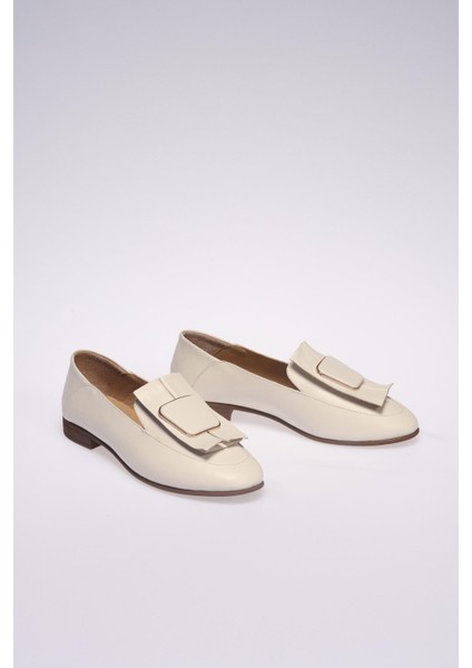 Krem Deri Kadın Loafer Ayakkabı