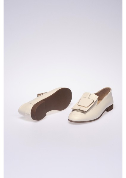 Krem Deri Kadın Loafer Ayakkabı