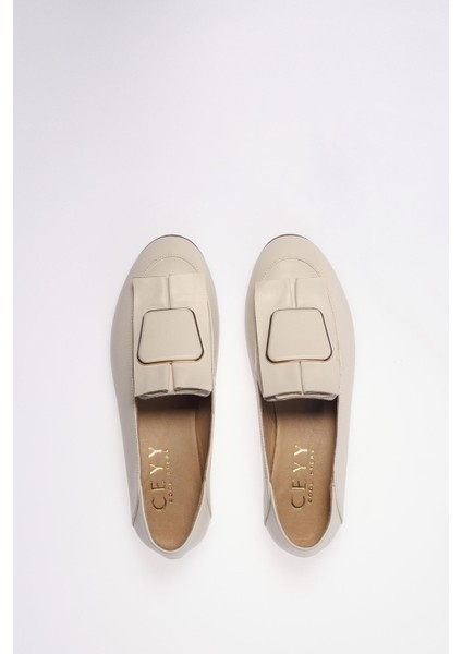 Krem Deri Kadın Loafer Ayakkabı