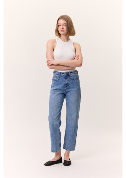Yüksek Bel Mom Fıt Jean Mavi fırsatları