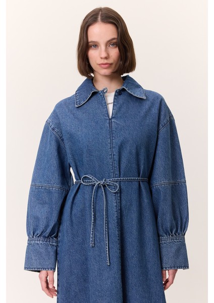 Manşet Detaylı Denım Elbise Koyu Mavi