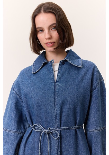 Manşet Detaylı Denım Elbise Koyu Mavi modelleri