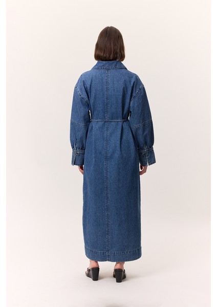 Manşet Detaylı Denım Elbise Koyu Mavi indirimleri
