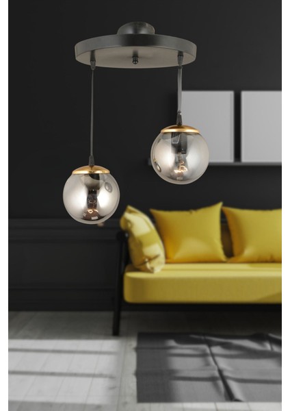 Sarkıt Tepsi Siyah 2'li Füme Glop Camlı Düz Aşağı Bakan Lüks Avize