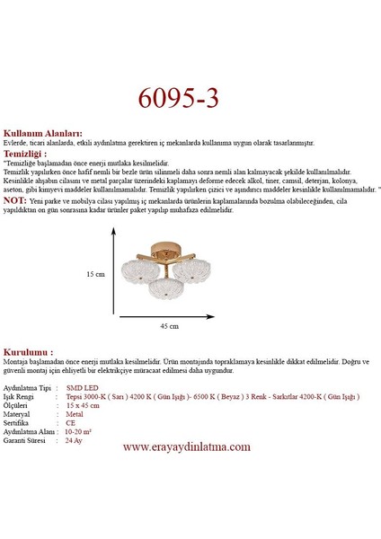6095-3 Sarı 3 Renk LED Avize