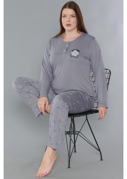 Büyük Beden Battal Uzun Kol Mevsimlik Pijama Takımı Viskon Alperi B790-33