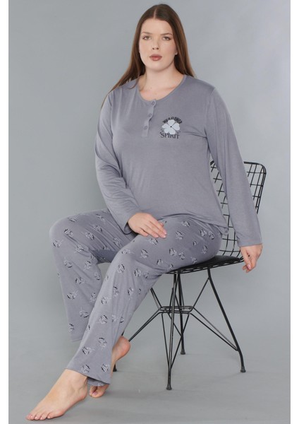 Büyük Beden Battal Uzun Kol Mevsimlik Pijama Takımı Viskon Alperi B790-33