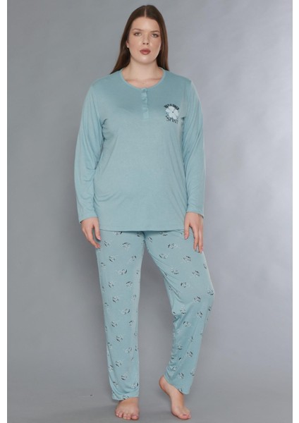 Büyük Beden Battal Uzun Kol Mevsimlik Pijama Takımı Viskon Alperi B790-33