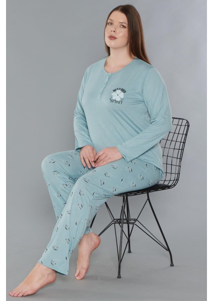 Büyük Beden Battal Uzun Kol Mevsimlik Pijama Takımı Viskon Alperi B790-33