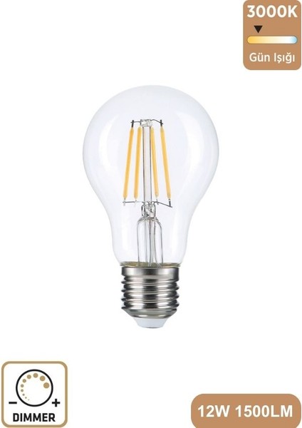 A60 Şeffaf 12W 3000K E27 Günışığı Dimmerli LED Ampul ERD-304