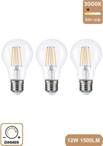 A60 Şeffaf 12W 3000K E27 Günışığı Dimmerli LED Ampul ERD-304