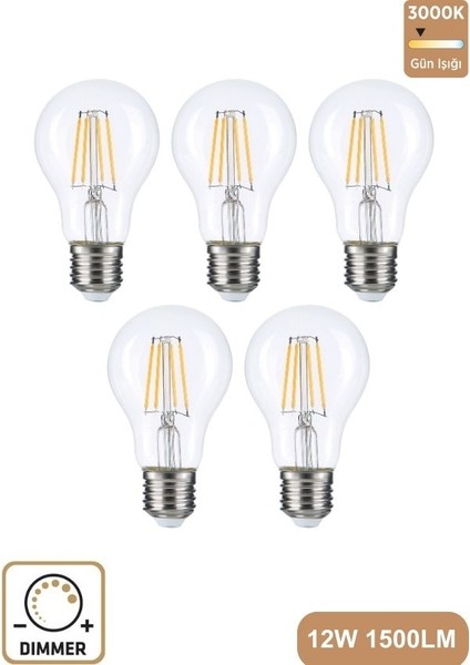 A60 Şeffaf 12W 3000K E27 Günışığı Dimmerli LED Ampul ERD-304
